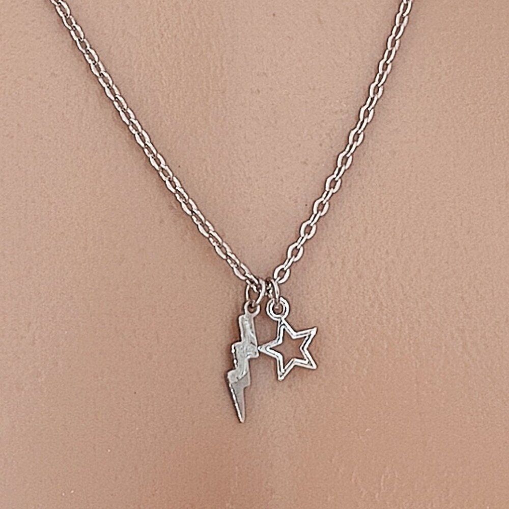 Lightning Bolt Star Silver Pendant Cable Chain Necklace 15" to 23.5" 9029-48-329